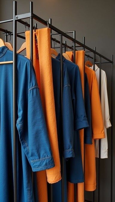 Färgstarka blå och orange plagg hänger på en klädställning